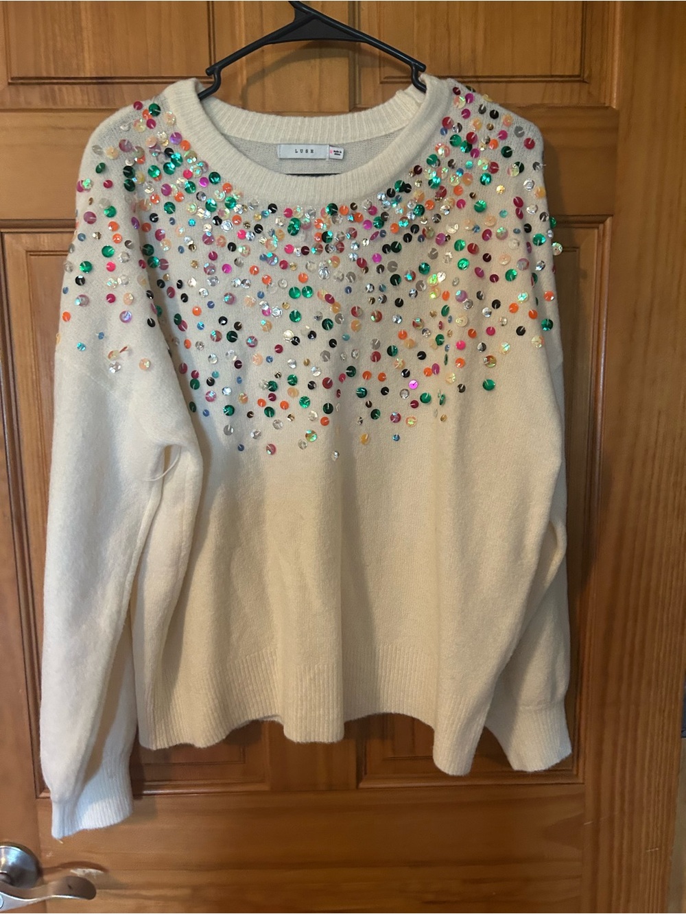 Lush Cream Sweater with Multicolor Sequin Embellishments
